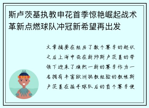 斯卢茨基执教申花首季惊艳崛起战术革新点燃球队冲冠新希望再出发