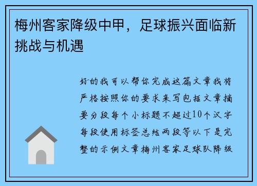 梅州客家降级中甲，足球振兴面临新挑战与机遇